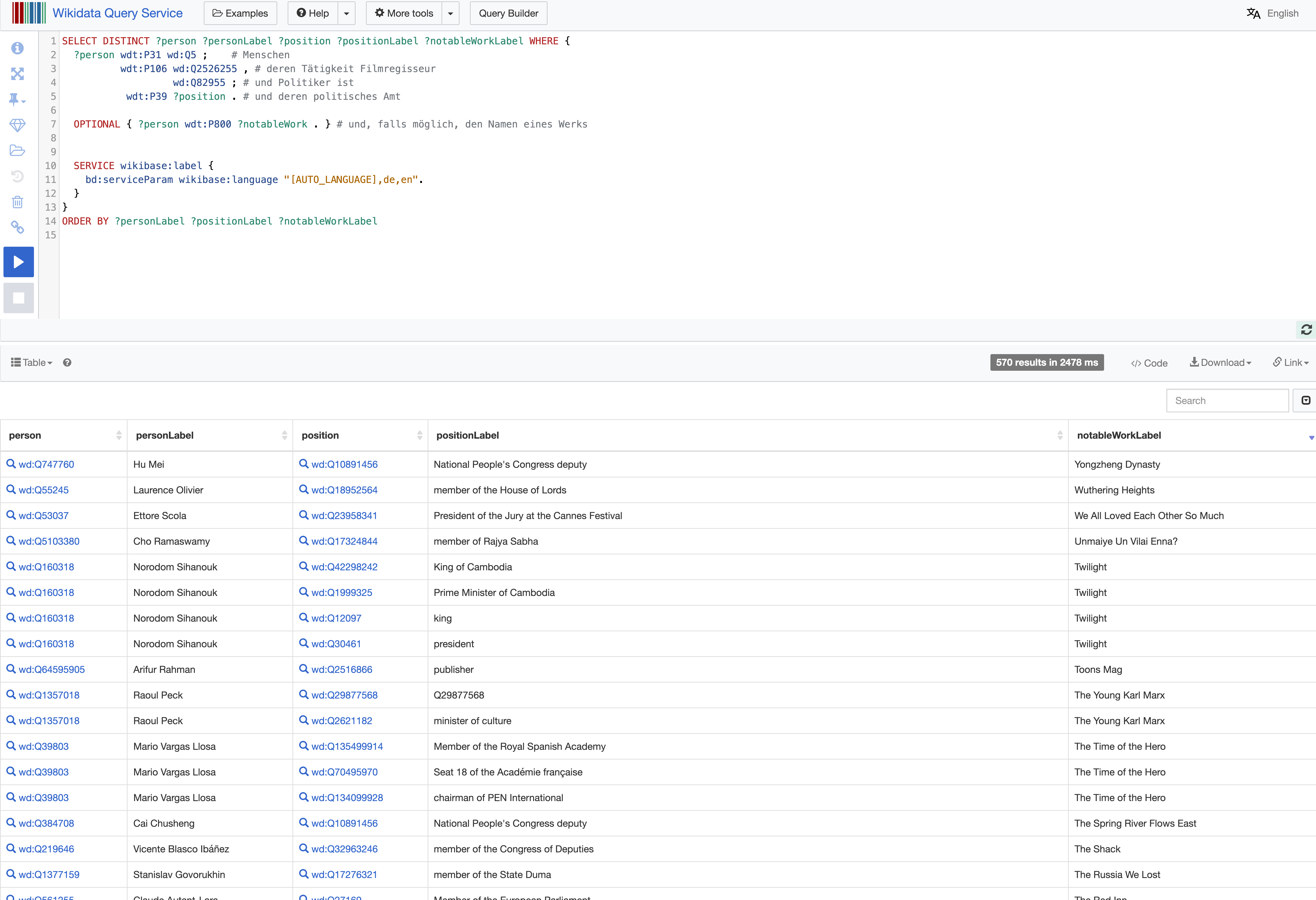 Ergebnis einer SPARQL-Abfrage nach Filmregisseur:innen, die Politiker sind mit > 500 Suchergebnissen