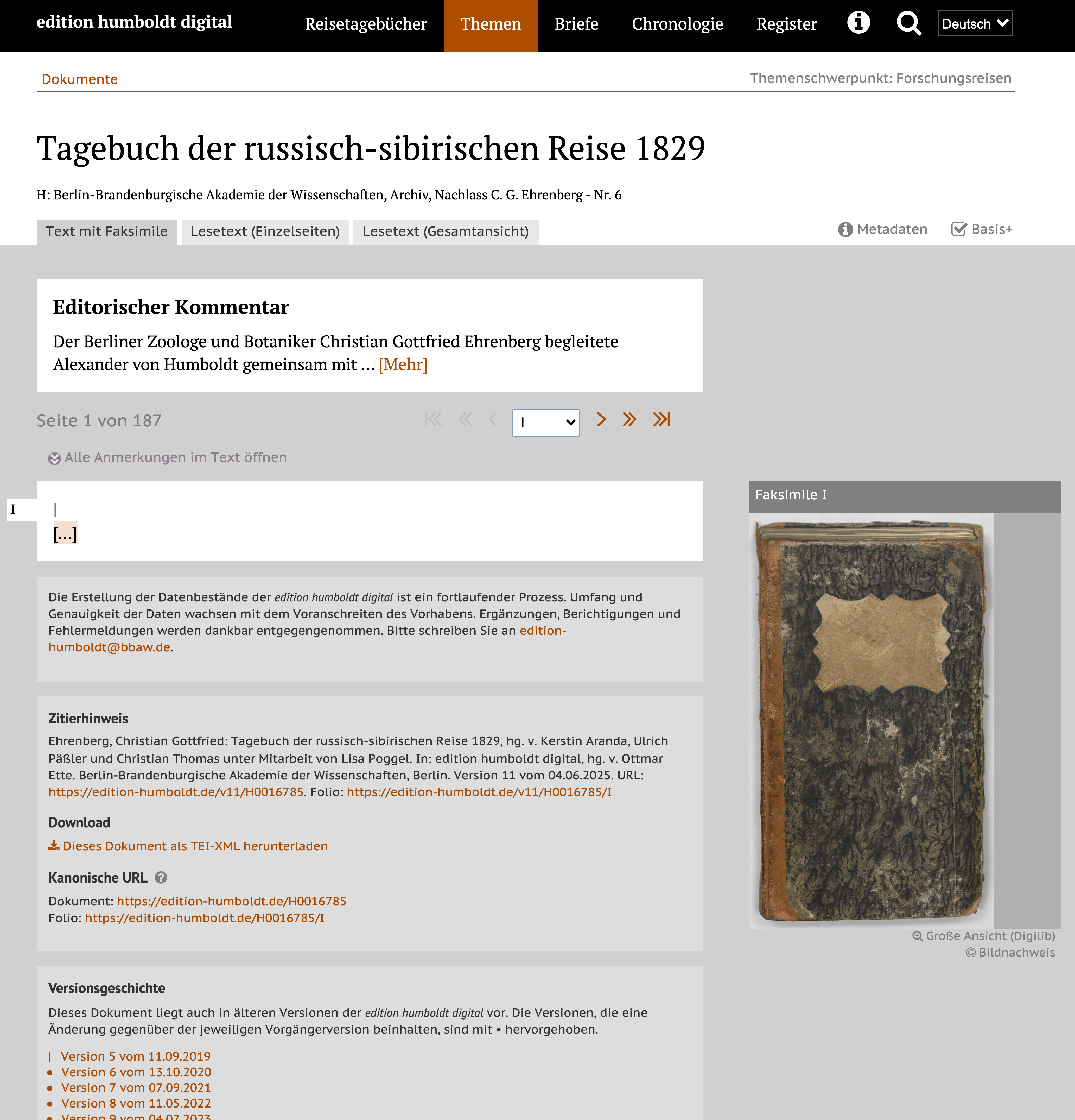 Screenshot des Reisetagebuchs von Christian Ehrenberg 1829 auf der Website der edition humboldt digital