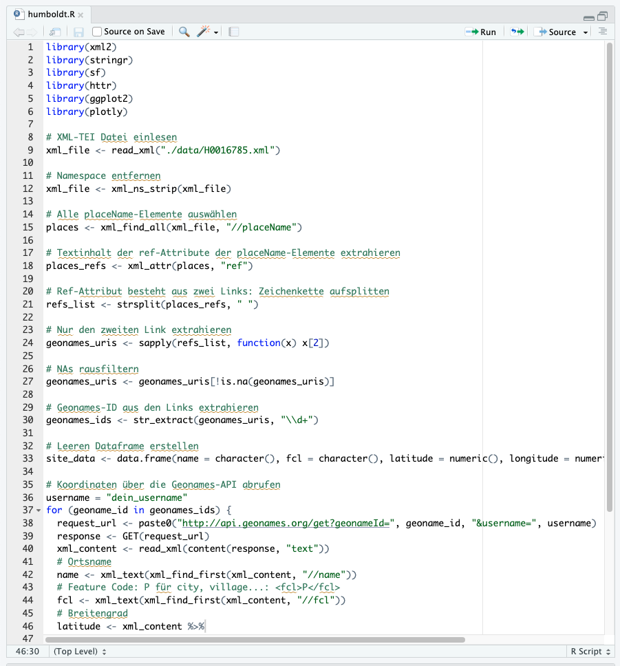 Screenshot von R Code zur Extraktion von Ortsangaben aus der XML-TEI-Version des Reisetagebuchs