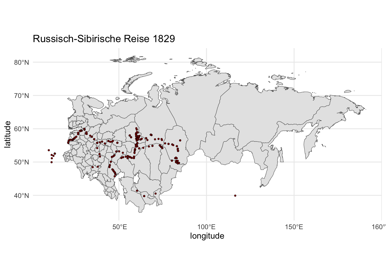 Mit R erstellte Karte, die die Reiseroute von Humboldt zeigt