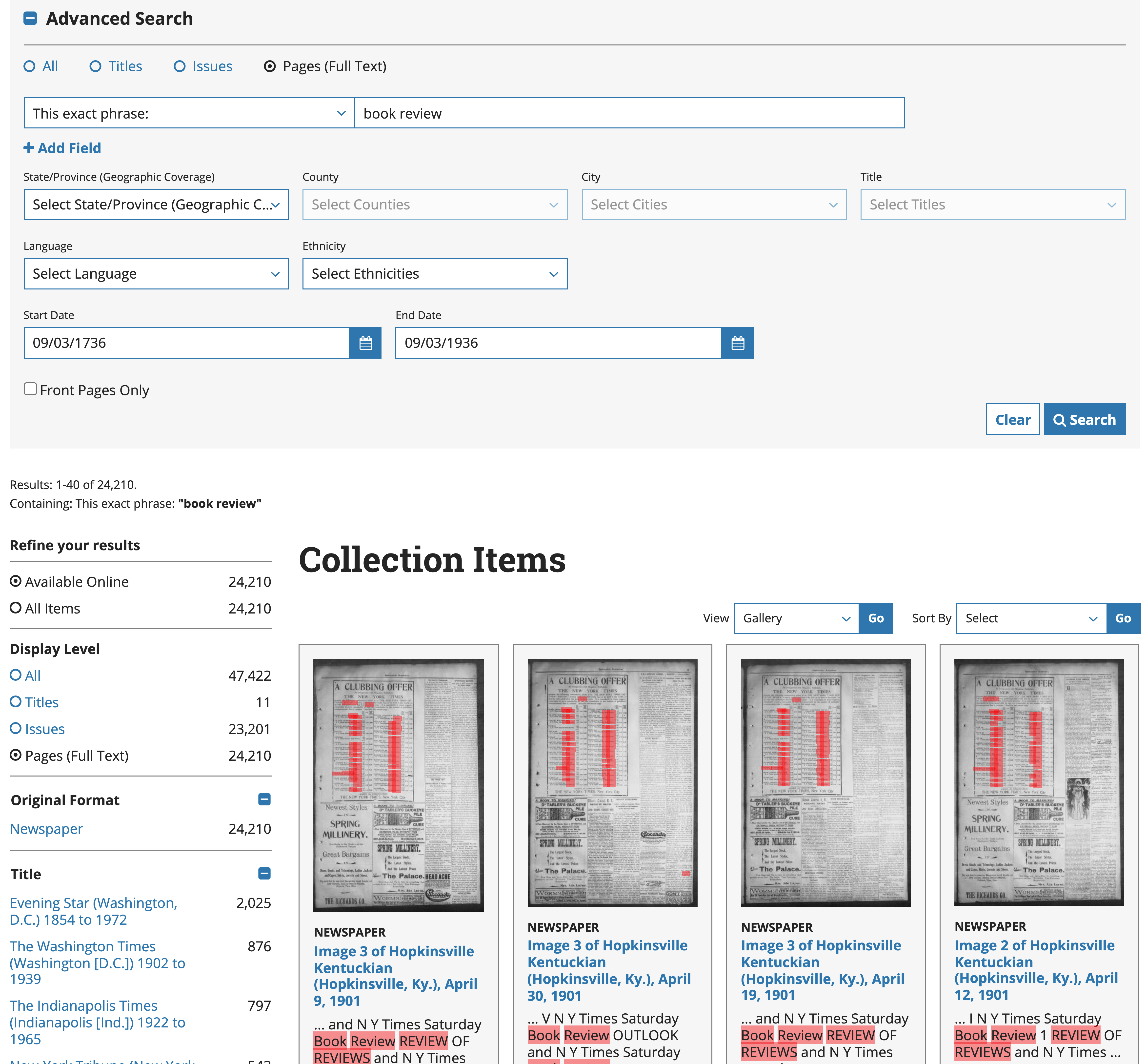 Results of a full text search for phrase 'book review' in the Library of Congress catalogue