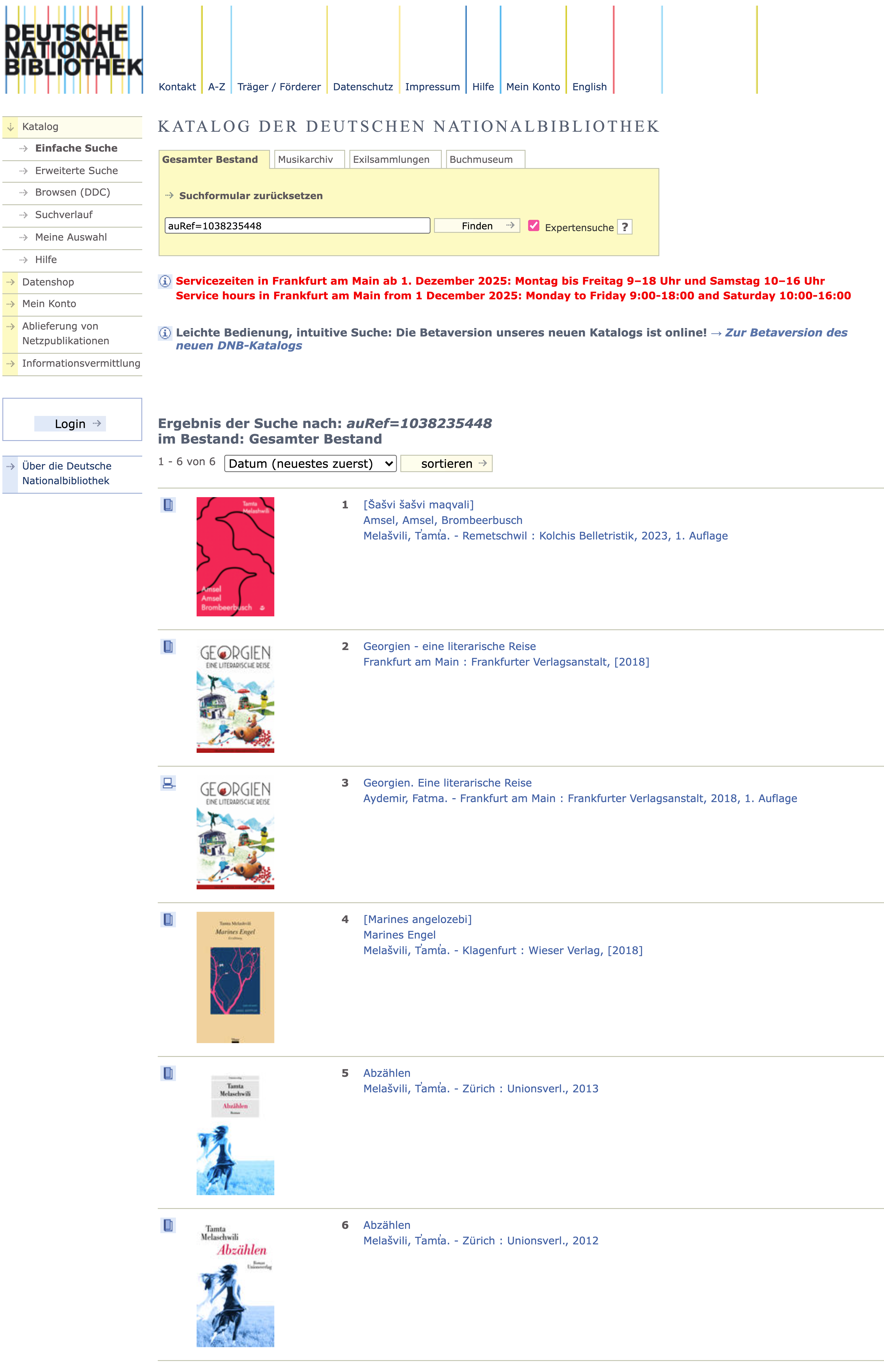 Liste der Werke von Tamta Melashvili in der DNB