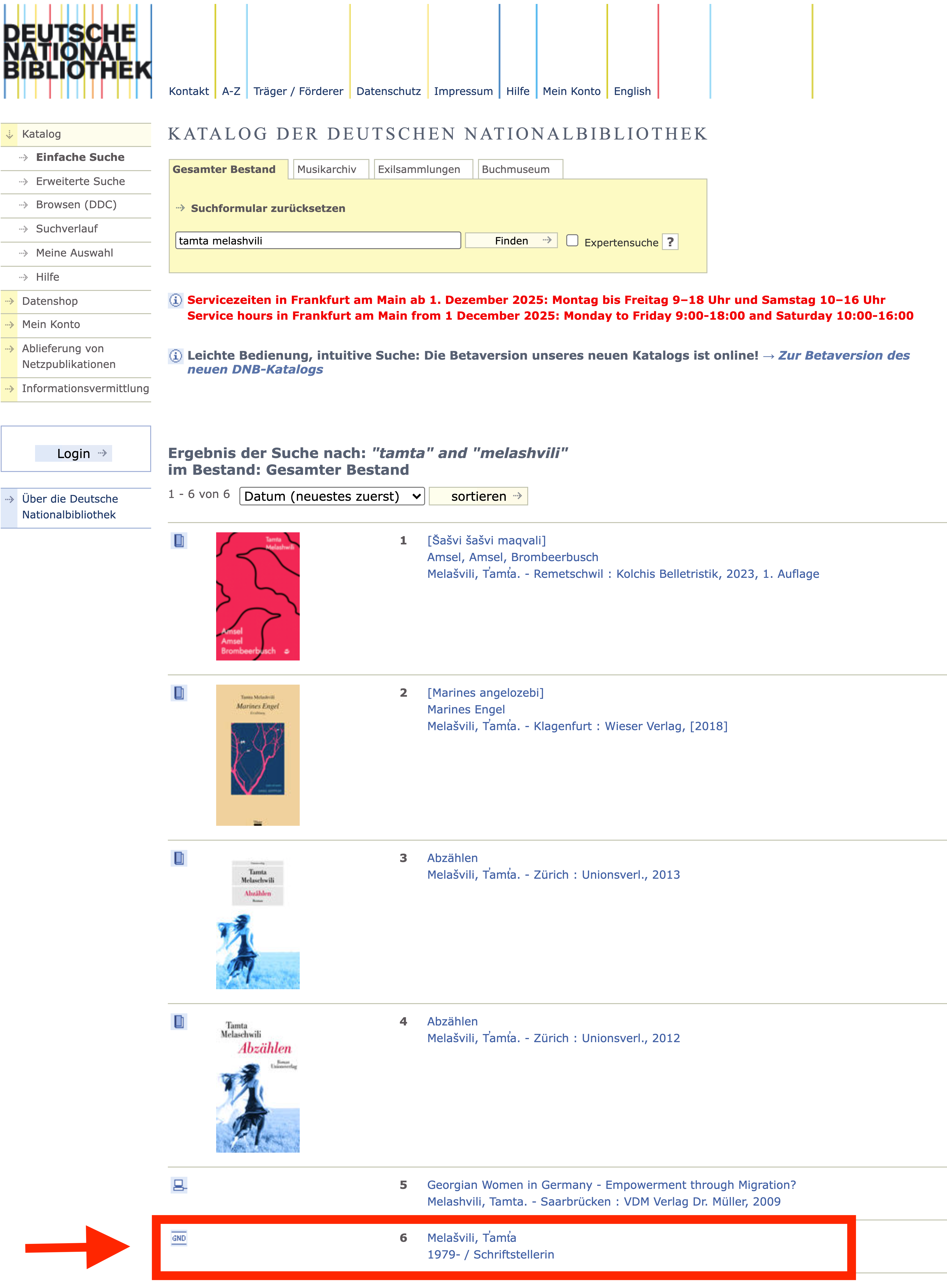 Ergebnisse der Suche nach tamta melashvilli über den Katalog der Deutschen Nationalbibliothek (DNB) mit einem roten Kasten um das Suchergebnis, das den Normdatensatz zu Tamta Melashvilli zeigt