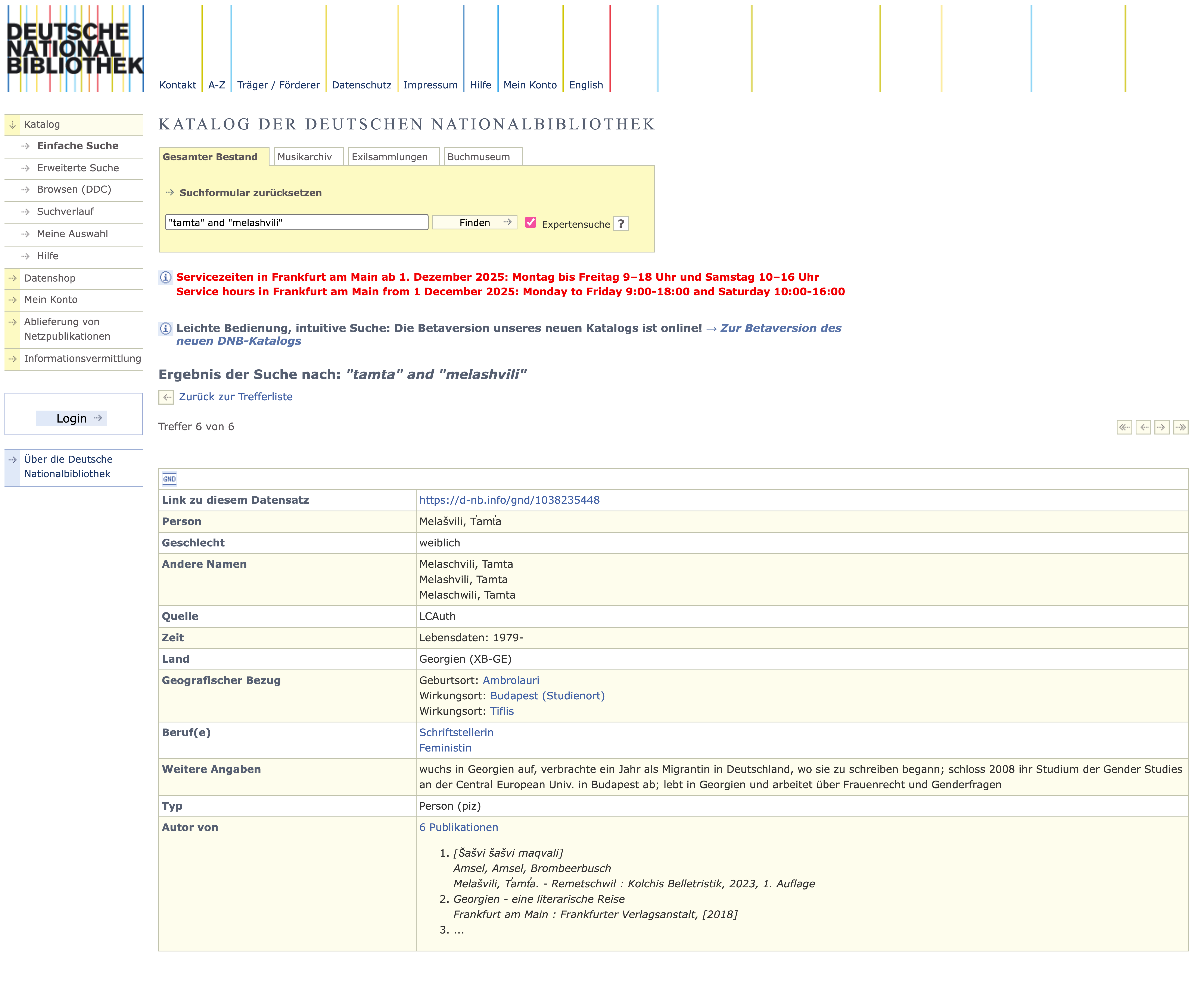 Normdaten zu Tamta Melashvili in der DNB