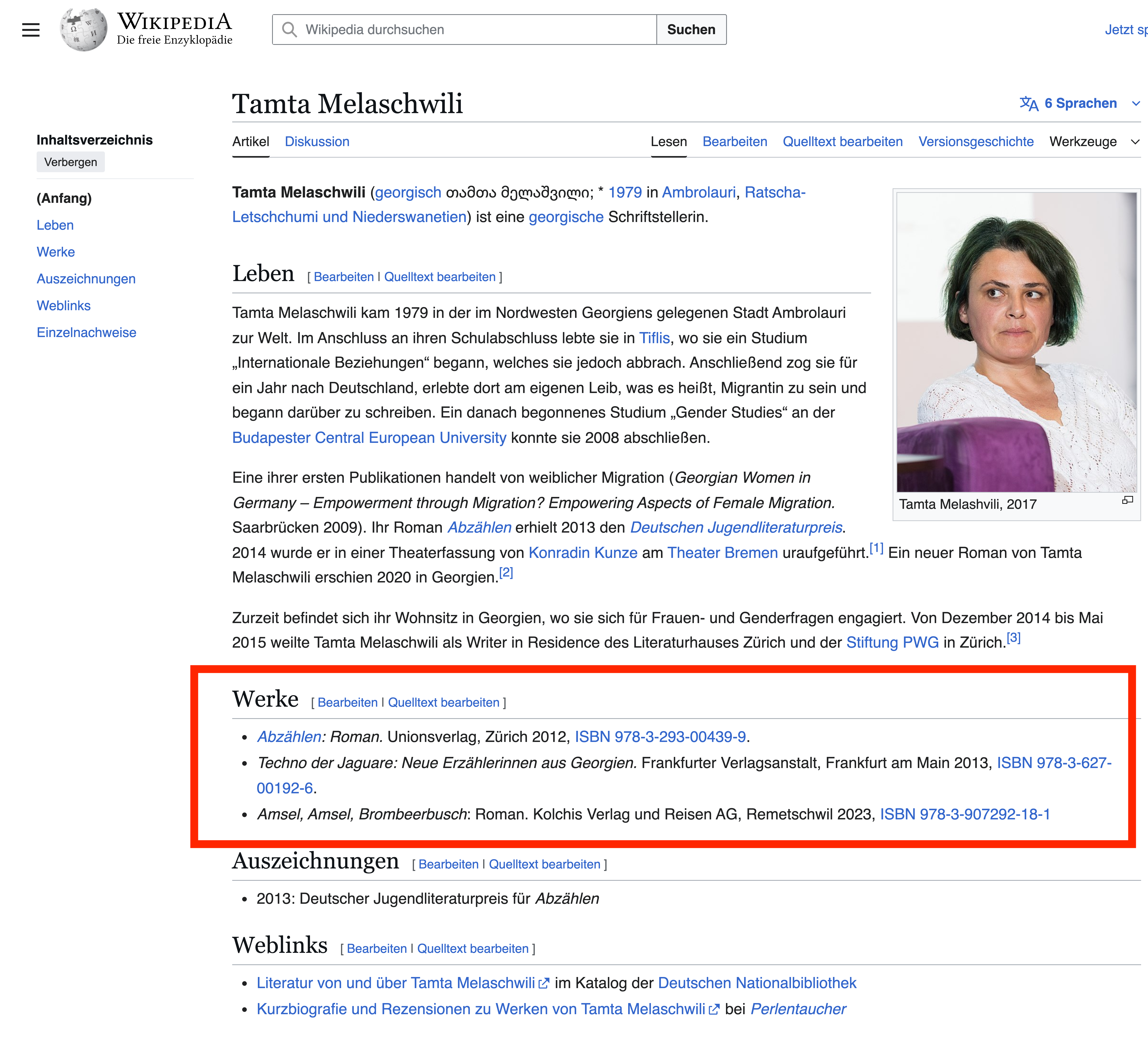 Screenshot der Seite zu Tamta Melaschwili in der deutschsprachigen Wikipedia mit einem roten Kasten um den Abschnitt 'Werke'