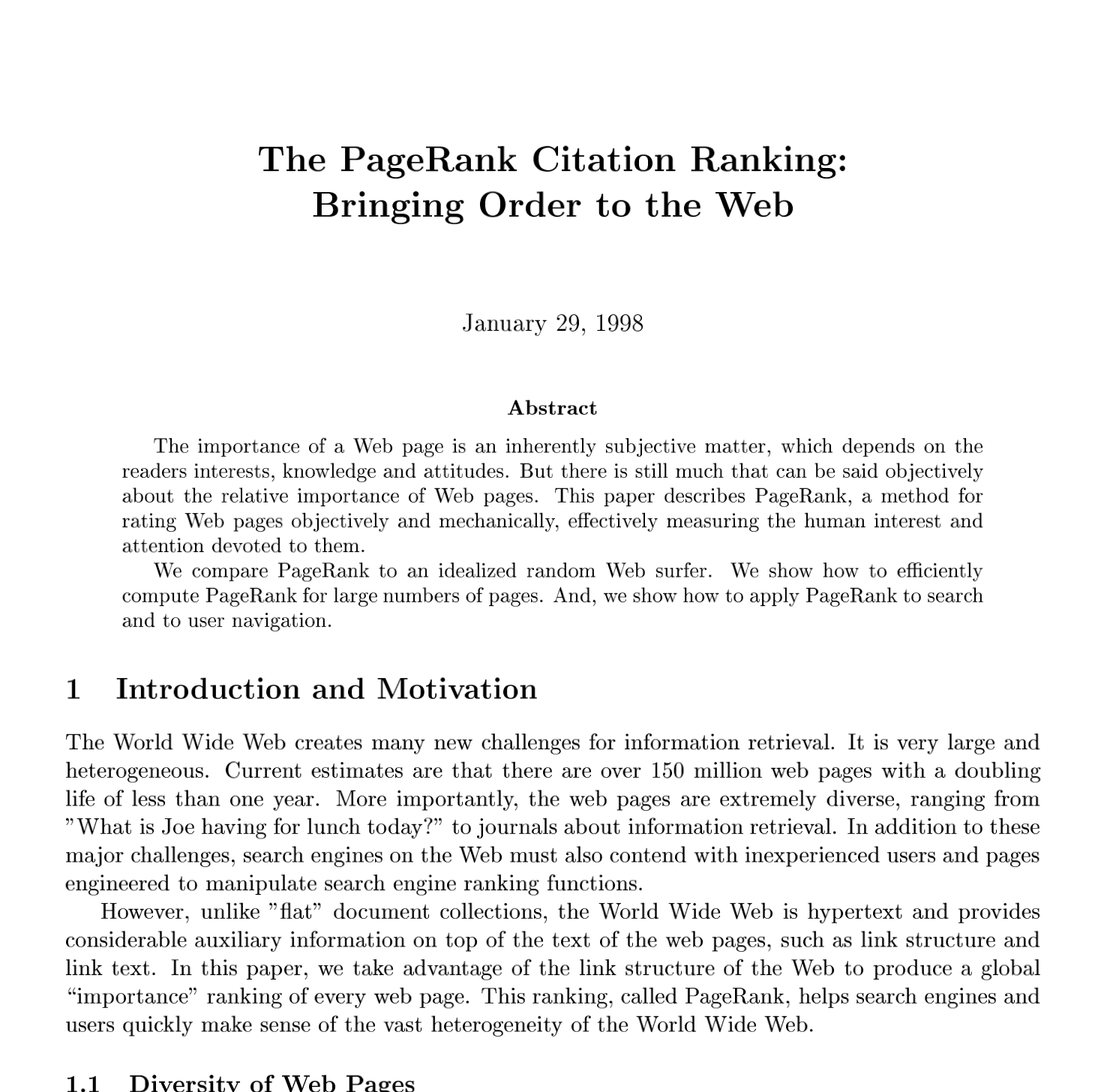 Abstract of the 1998 publication introducing the PageRank algorithm