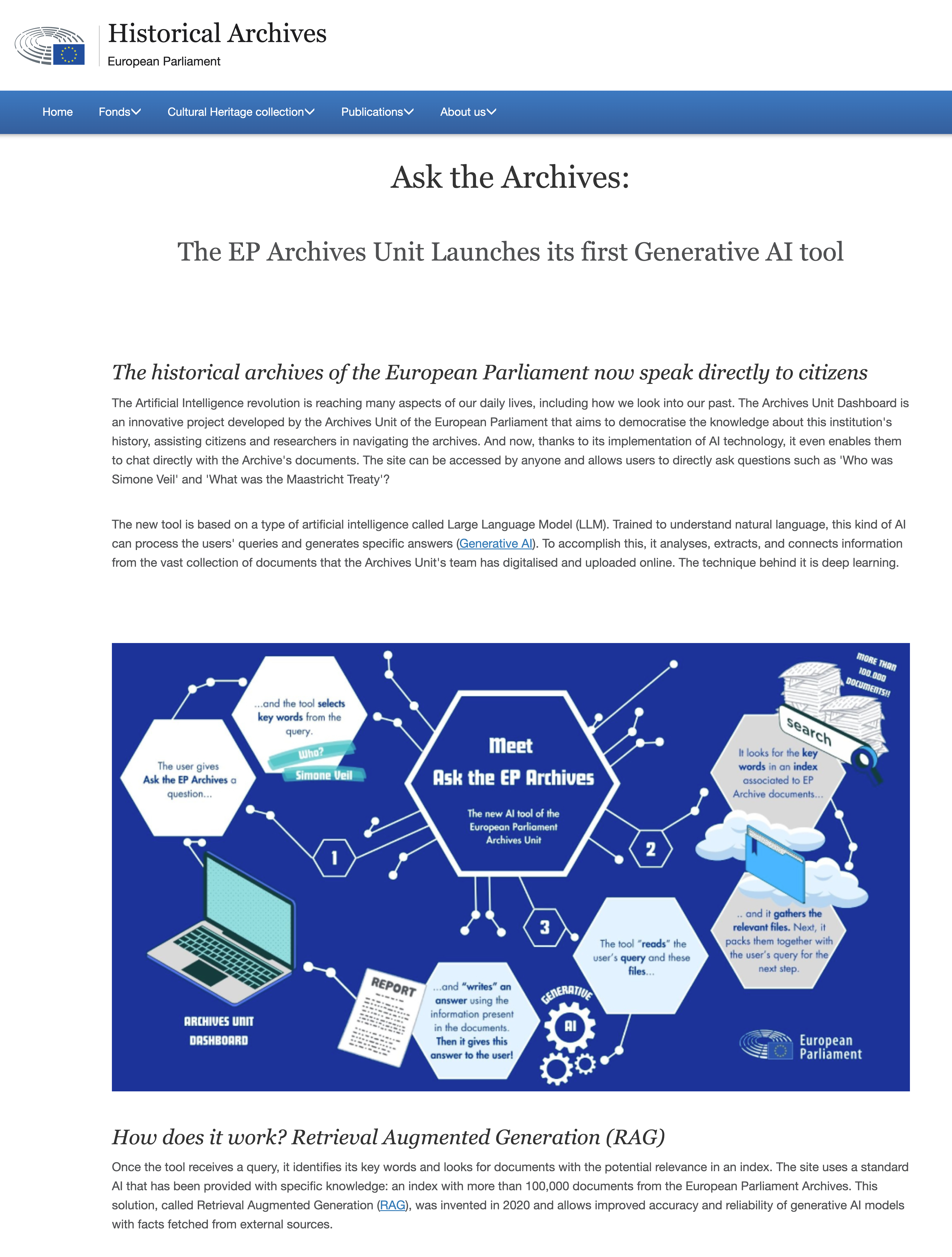 Blog article about European Parliamant archive announcing RAG applicaiton
