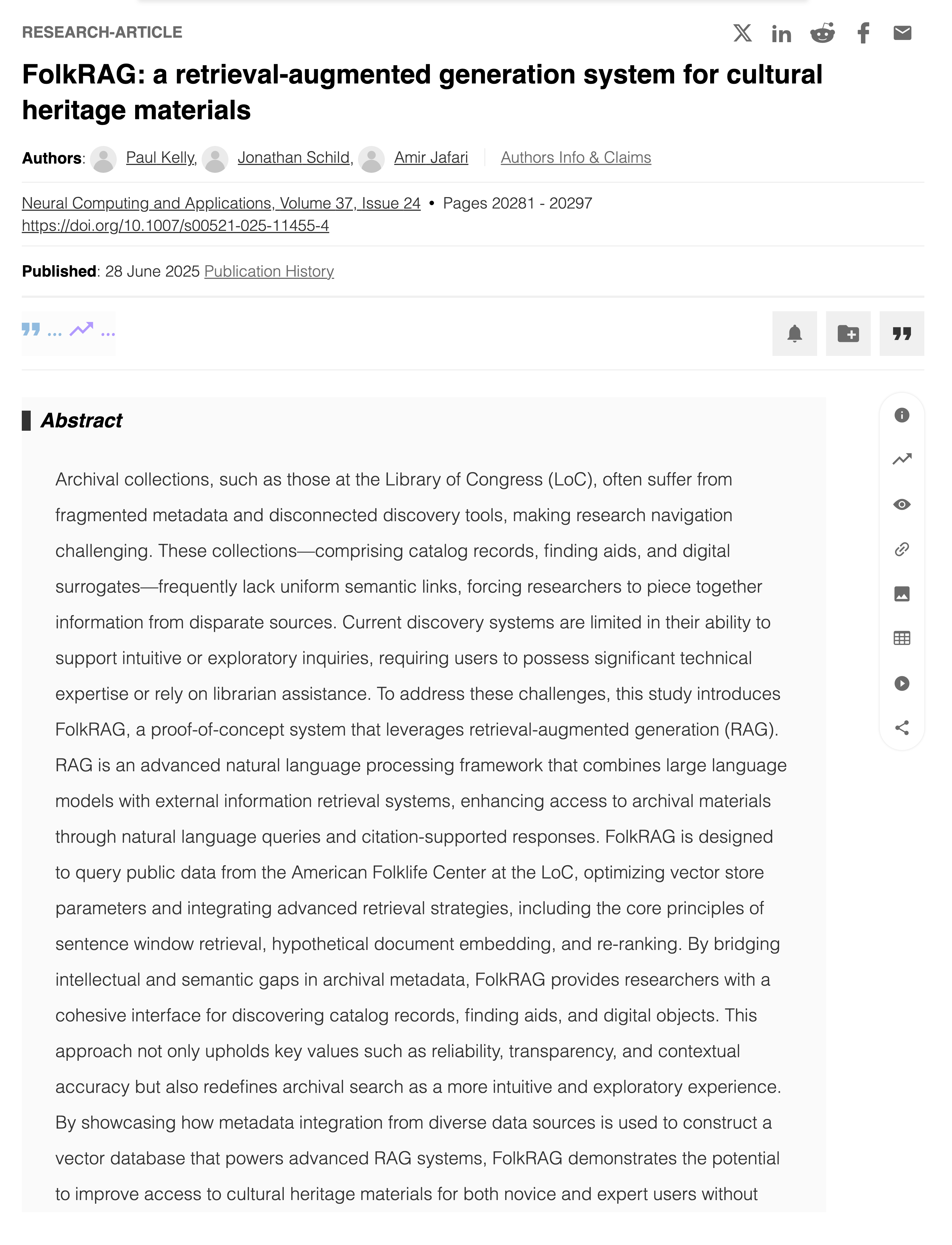 Research article about a RAG applicaiton for cultural hertiage data