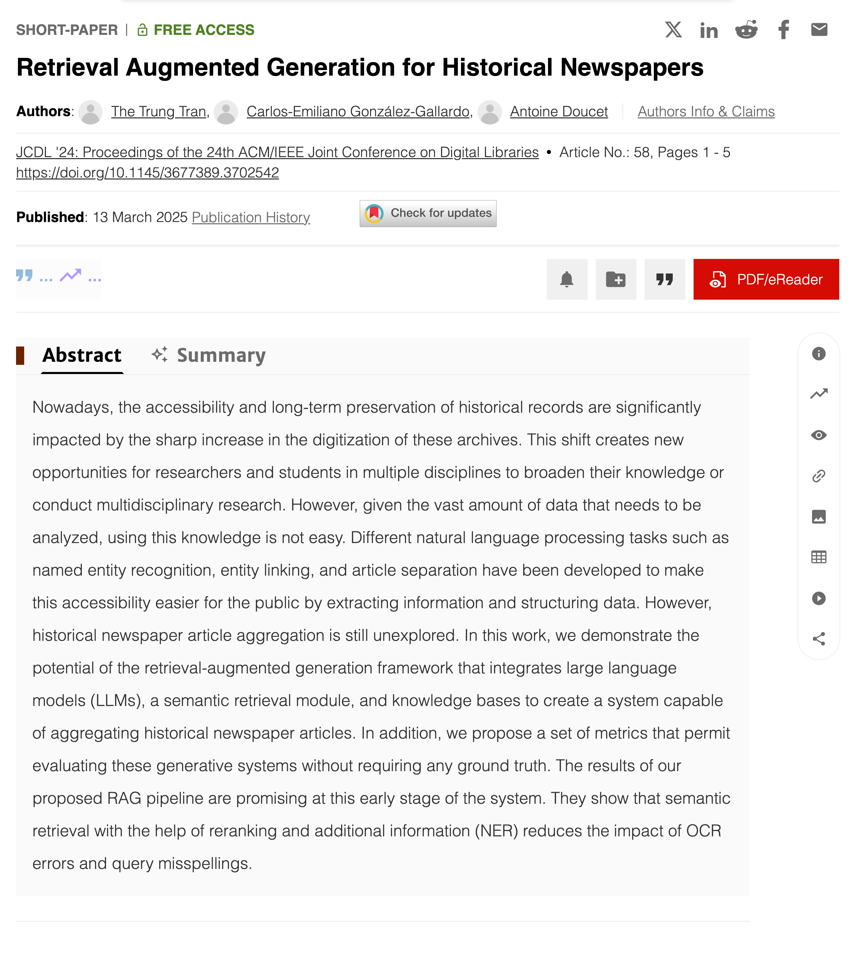 Research article about a RAG applicaiton for historical newspapers