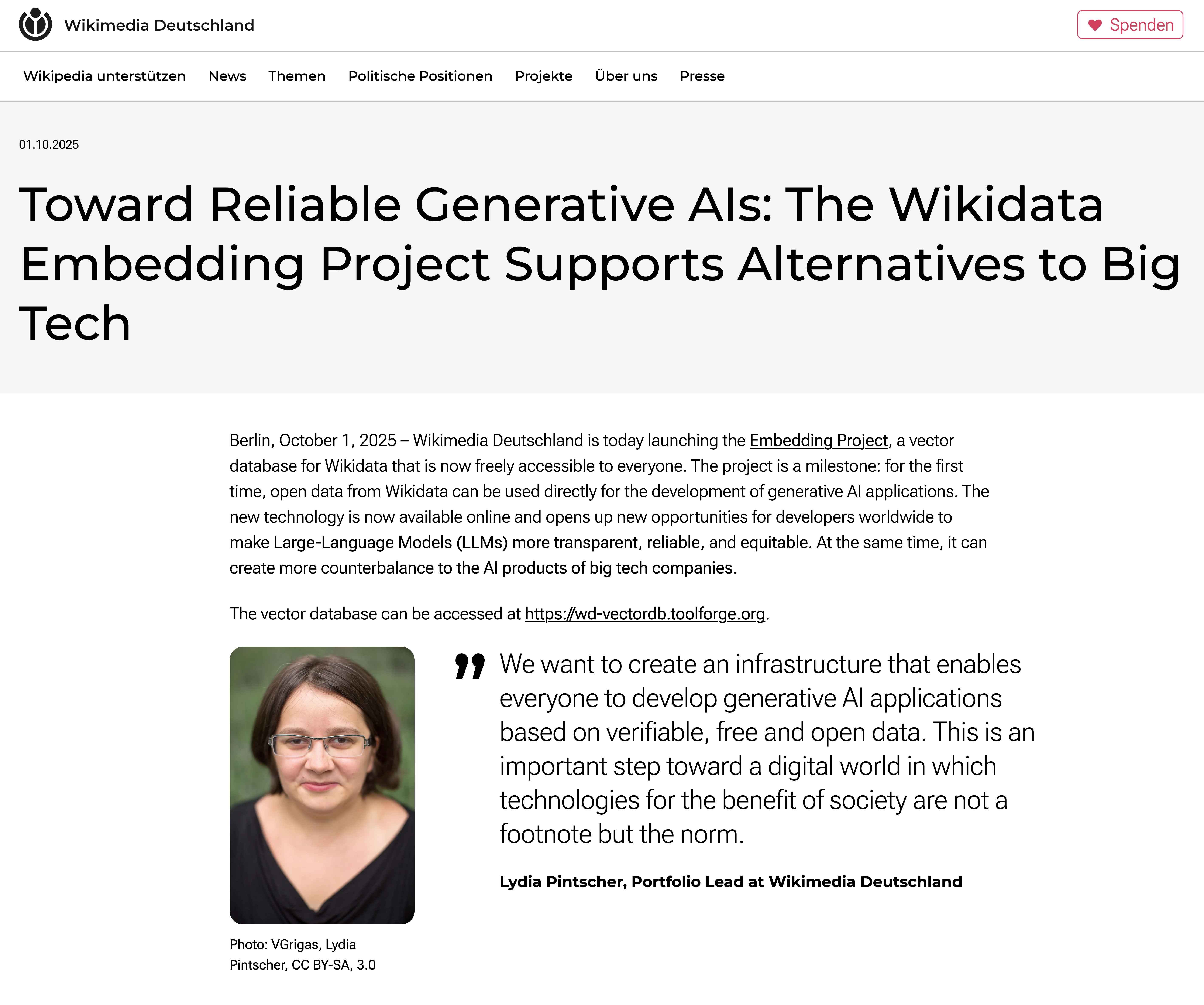 Blog article by the Wikimedia foundation announcing Wikidata vector embedding database