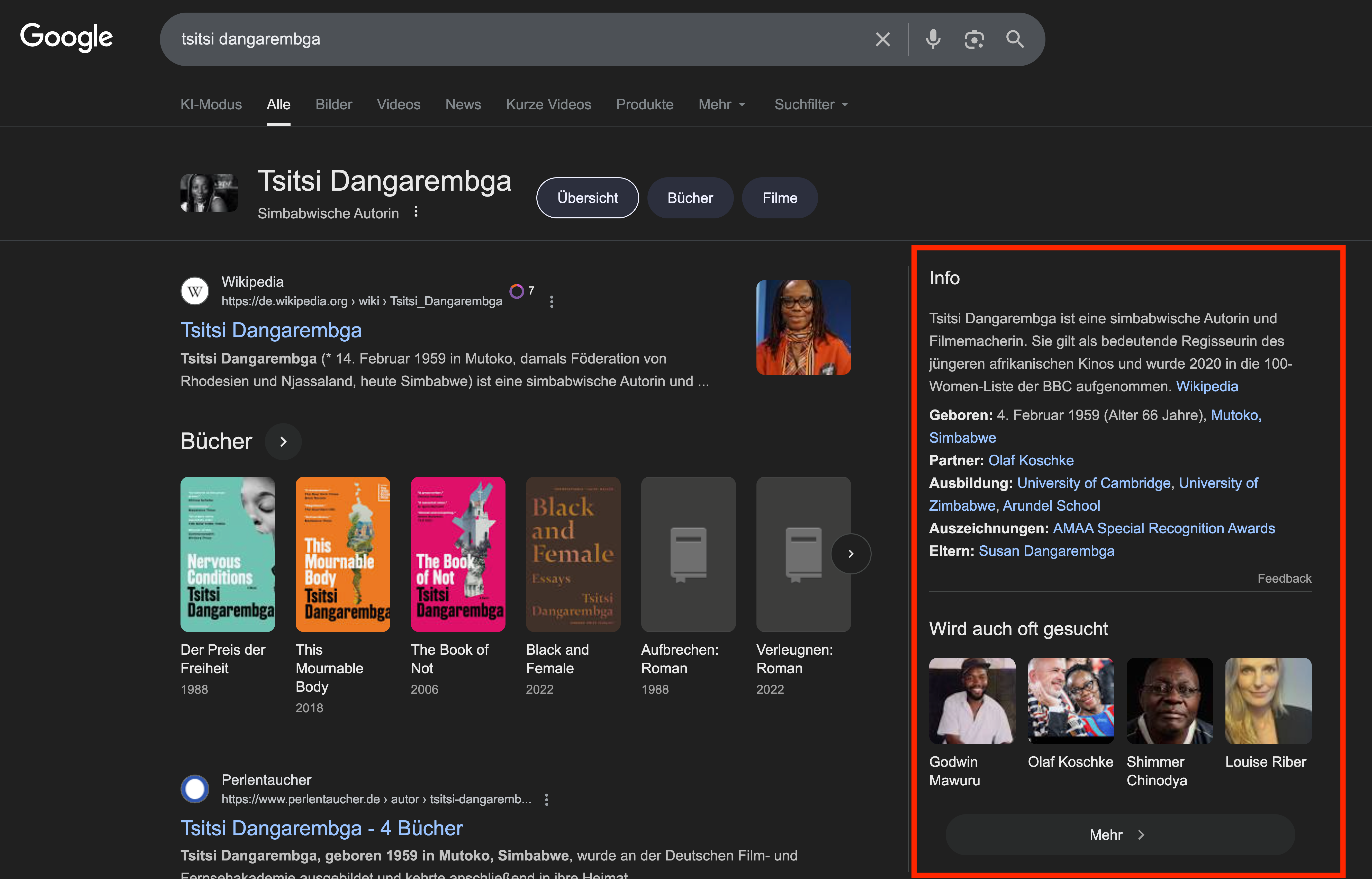 Google Infobox zu Tsitsi Dangarembga