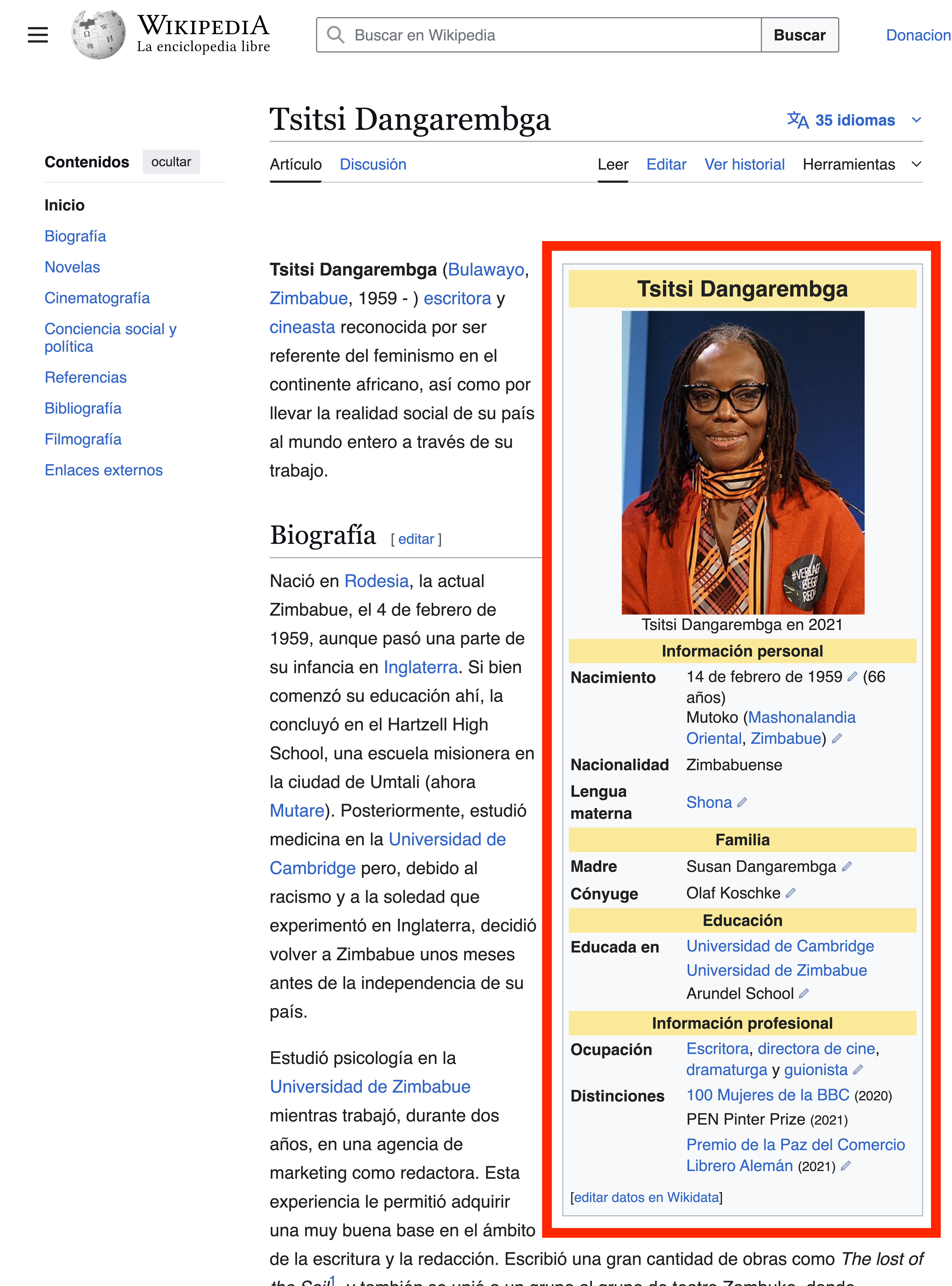Wikipedia Infobox zu Tsitsi Dangarembga